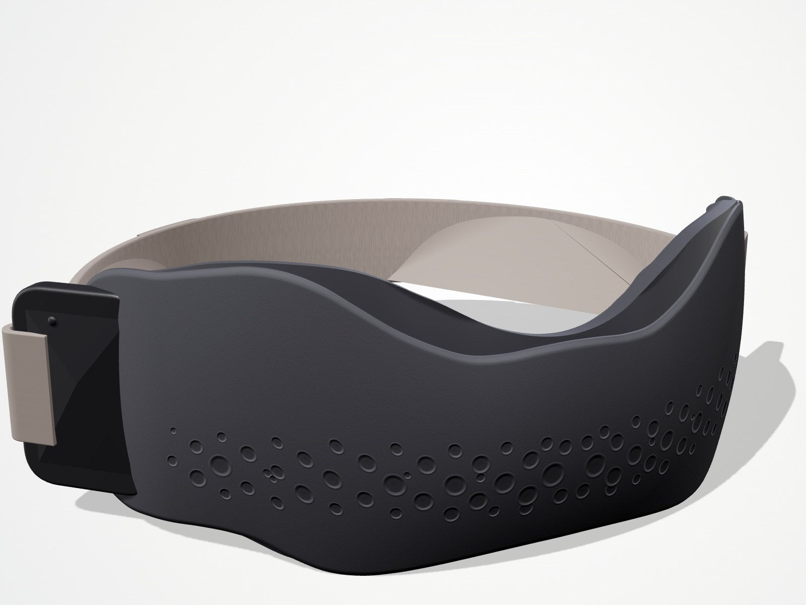 Marchelys vue de l’extérieur : bord ondulé, boucles carrées, sangle et silicone alvéolé